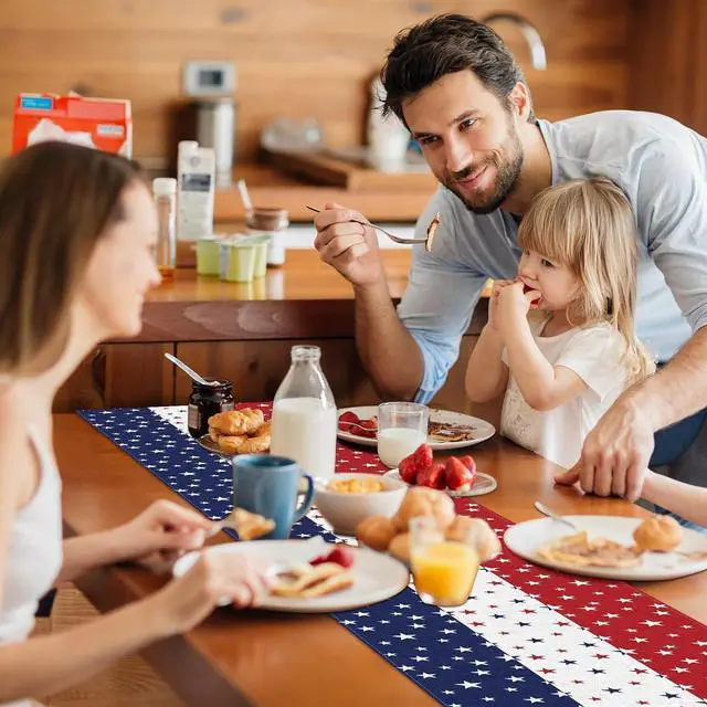 Alt view image 6 of 7 - 72 x 13 Inches Patriotic Table Runner, Red White and Blue Star Print American Flag Runner for 4th of July, Memorial Day, Veterans Day, and Independence Day Table Top Kitchen Decorations