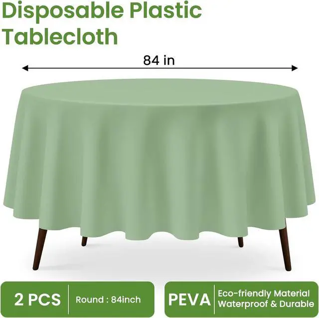 Alt view image 3 of 7 - 84 Inch Sage Green Round Plastic Tablecloth Disposable, 2 Pack | Waterproof Round Table Cover, for Birthday Party, Easter Decor, Baby Shower, and Outdoor Picnic