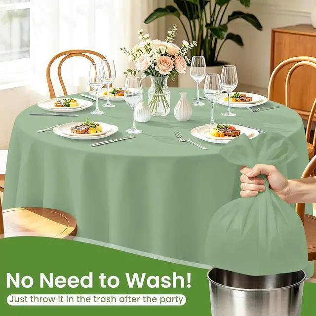Alt view image 6 of 7 - 84 Inch Sage Green Round Plastic Tablecloth Disposable, 2 Pack | Waterproof Round Table Cover, for Birthday Party, Easter Decor, Baby Shower, and Outdoor Picnic