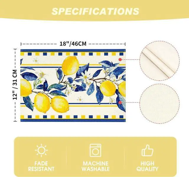 Alt view image 7 of 7 - Artoid Mode Lemon Branches Summer Placemats Set of 4, 12x18 Inch Seasonal Holiday Table Mats for Party Kitchen Dining Decoration