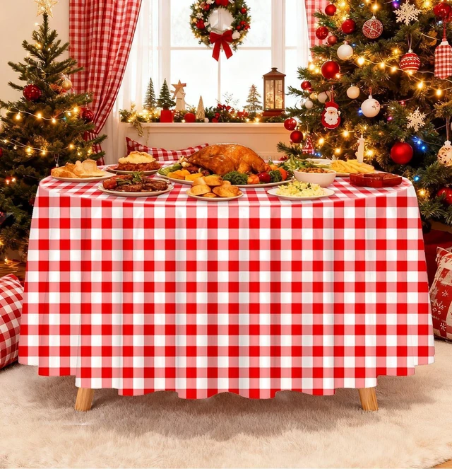 Alt view image 2 of 7 - HEIPINIUYE 3 Pack Red Gingham Tablecloth Disposable 84 x 84 Inch Round Red and White Plaid Plastic Table Cover Disposable Table Cloth for Party Birthday Picnic Christmas Checkered Tablecloths