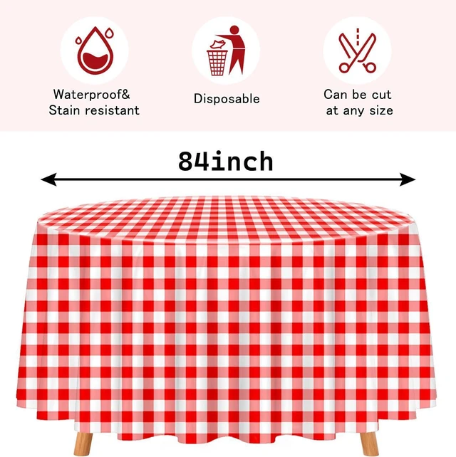 Alt view image 3 of 7 - HEIPINIUYE 3 Pack Red Gingham Tablecloth Disposable 84 x 84 Inch Round Red and White Plaid Plastic Table Cover Disposable Table Cloth for Party Birthday Picnic Christmas Checkered Tablecloths