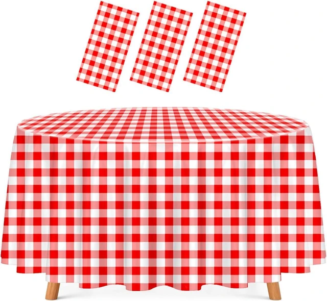 Main image of HEIPINIUYE 3 Pack Red Gingham Tablecloth Disposable 84 x 84 Inch Round Red and White Plaid Plastic Table Cover Disposable Table Cloth for Party Birthday Picnic Christmas Checkered Tablecloths