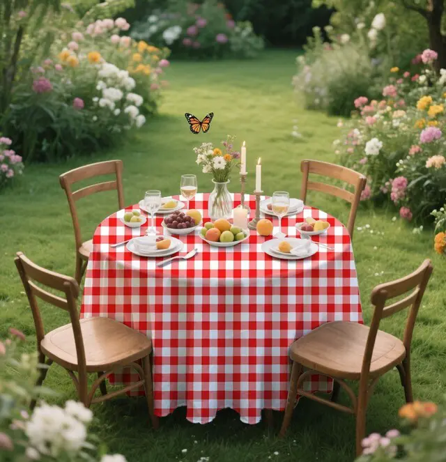 Alt view image 4 of 7 - HEIPINIUYE 3 Pack Red Gingham Tablecloth Disposable 84 x 84 Inch Round Red and White Plaid Plastic Table Cover Disposable Table Cloth for Party Birthday Picnic Christmas Checkered Tablecloths
