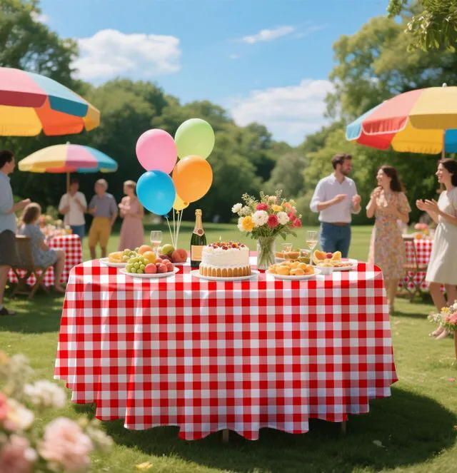 Alt view image 6 of 7 - HEIPINIUYE 3 Pack Red Gingham Tablecloth Disposable 84 x 84 Inch Round Red and White Plaid Plastic Table Cover Disposable Table Cloth for Party Birthday Picnic Christmas Checkered Tablecloths