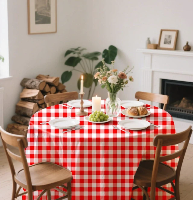 Alt view image 5 of 7 - HEIPINIUYE 3 Pack Red Gingham Tablecloth Disposable 84 x 84 Inch Round Red and White Plaid Plastic Table Cover Disposable Table Cloth for Party Birthday Picnic Christmas Checkered Tablecloths