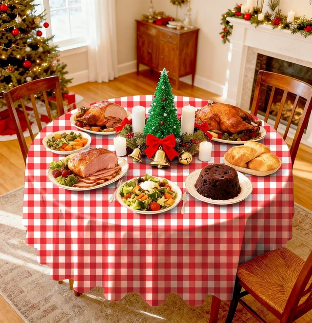 Alt view image 7 of 7 - HEIPINIUYE 3 Pack Red Gingham Tablecloth Disposable 84 x 84 Inch Round Red and White Plaid Plastic Table Cover Disposable Table Cloth for Party Birthday Picnic Christmas Checkered Tablecloths