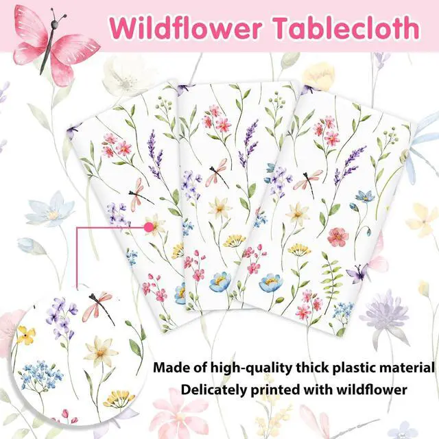 Alt view image 5 of 7 - Homanu 3 Pack Wildflower Party Decorations Tablecloths, Large Size 54 X 108 Inch Rectangle Floral Tablecloth Plastic Table Cover for Birthday Party Baby Shower Decorations