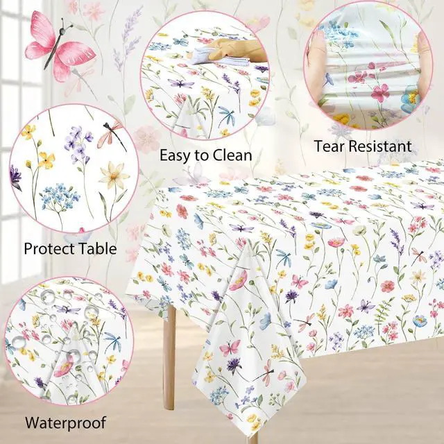 Alt view image 4 of 7 - Homanu 3 Pack Wildflower Party Decorations Tablecloths, Large Size 54 X 108 Inch Rectangle Floral Tablecloth Plastic Table Cover for Birthday Party Baby Shower Decorations