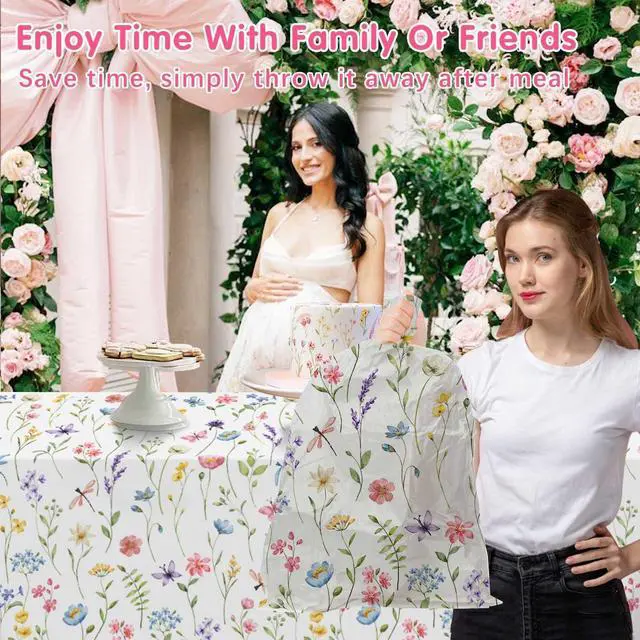 Alt view image 2 of 7 - Homanu 3 Pack Wildflower Party Decorations Tablecloths, Large Size 54 X 108 Inch Rectangle Floral Tablecloth Plastic Table Cover for Birthday Party Baby Shower Decorations