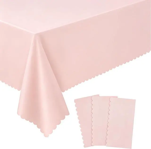 Main image of NatNarr 3 Pcs Plastic Light Pink Tablecloths, Scalloped Table Cloths | 54 x 108 Inch Pink Table Covers Rectangle for Girl Birthday, Wedding, Baby Bridal Shower, Tea Party, Leakproof & Sturdy