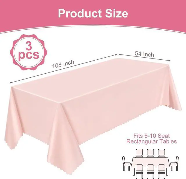 Alt view image 2 of 7 - NatNarr 3 Pcs Plastic Light Pink Tablecloths, Scalloped Table Cloths | 54 x 108 Inch Pink Table Covers Rectangle for Girl Birthday, Wedding, Baby Bridal Shower, Tea Party, Leakproof & Sturdy