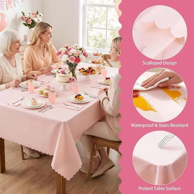 Alt view image 4 of 7 - NatNarr 3 Pcs Plastic Light Pink Tablecloths, Scalloped Table Cloths | 54 x 108 Inch Pink Table Covers Rectangle for Girl Birthday, Wedding, Baby Bridal Shower, Tea Party, Leakproof & Sturdy