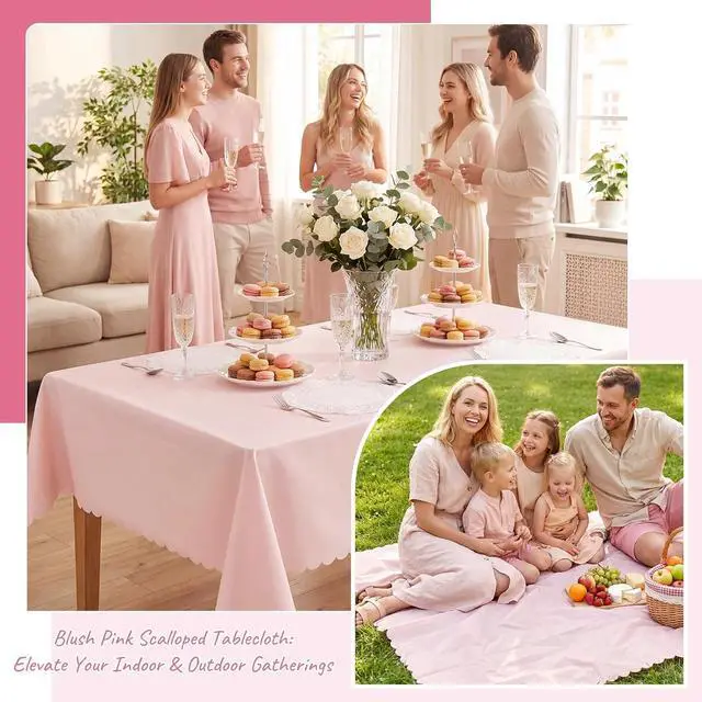 Alt view image 6 of 7 - NatNarr 3 Pcs Plastic Light Pink Tablecloths, Scalloped Table Cloths | 54 x 108 Inch Pink Table Covers Rectangle for Girl Birthday, Wedding, Baby Bridal Shower, Tea Party, Leakproof & Sturdy