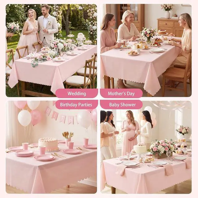 Alt view image 7 of 7 - NatNarr 3 Pcs Plastic Light Pink Tablecloths, Scalloped Table Cloths | 54 x 108 Inch Pink Table Covers Rectangle for Girl Birthday, Wedding, Baby Bridal Shower, Tea Party, Leakproof & Sturdy