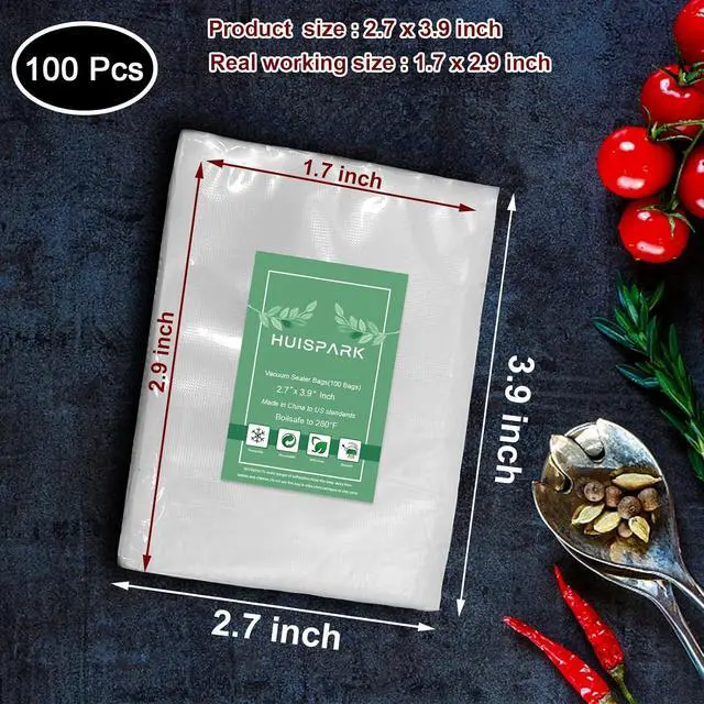 Alt view image 2 of 7 - Vacuum Sealer Bags,2.7"*4" 100 Pcs Heavy Duty Pre-Cut Design Commercial Grade Food Sealable Bag for Heat Seal Food Storage,Boilsafe to 280°F Freezable,Good for Storage,Meal Prep and Sous Vide