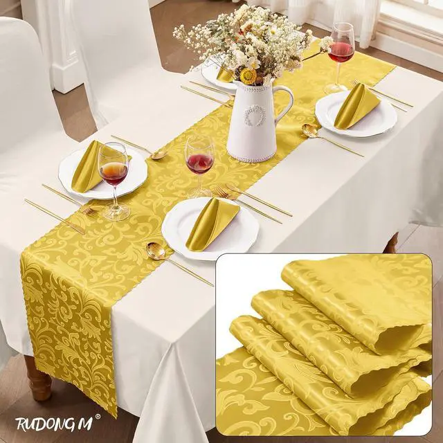 Alt view image 2 of 7 - RUDONG M Gold Satin Table Runners, 12 x 108 Inch, 2 Pack | Long Silky Damask, Bright Smooth Jacquard, For Weddings, Banquet, Parties, Dining Table Decor