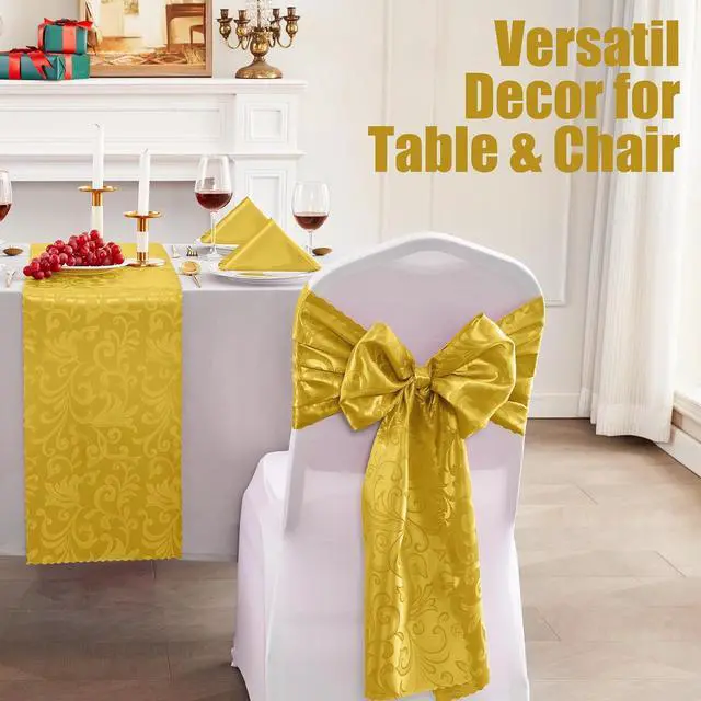 Alt view image 6 of 7 - RUDONG M Gold Satin Table Runners, 12 x 108 Inch, 2 Pack | Long Silky Damask, Bright Smooth Jacquard, For Weddings, Banquet, Parties, Dining Table Decor