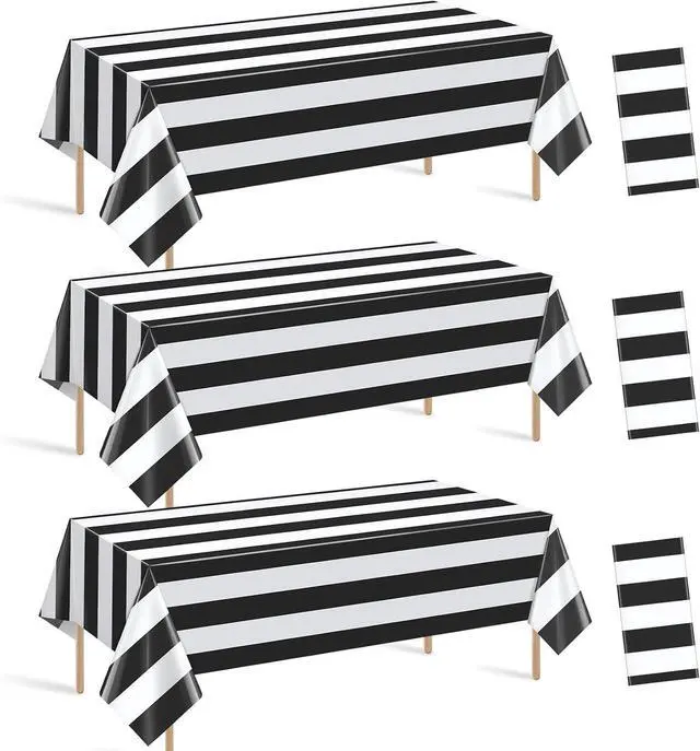 Main image of Hallswl 3pcs 54x108Inch Black and White Horizontal Striped Table Cloth | Classic Black Stripe Tablecloths Disposable Plastic Stripe Waterproof Table Covers for Picnic Halloween Ghost Party