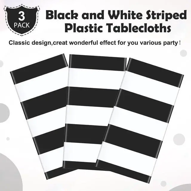 Alt view image 4 of 7 - Hallswl 3pcs 54x108Inch Black and White Horizontal Striped Table Cloth | Classic Black Stripe Tablecloths Disposable Plastic Stripe Waterproof Table Covers for Picnic Halloween Ghost Party