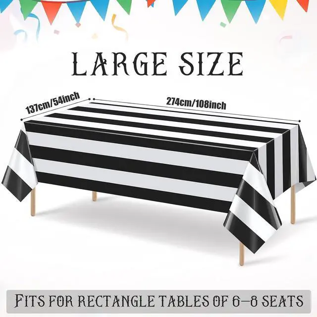 Alt view image 2 of 7 - Hallswl 3pcs 54x108Inch Black and White Horizontal Striped Table Cloth | Classic Black Stripe Tablecloths Disposable Plastic Stripe Waterproof Table Covers for Picnic Halloween Ghost Party