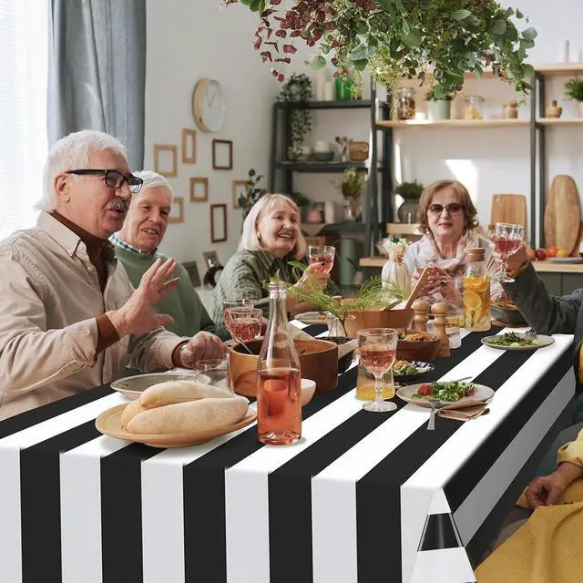 Alt view image 5 of 7 - Hallswl 3pcs 54x108Inch Black and White Horizontal Striped Table Cloth | Classic Black Stripe Tablecloths Disposable Plastic Stripe Waterproof Table Covers for Picnic Halloween Ghost Party