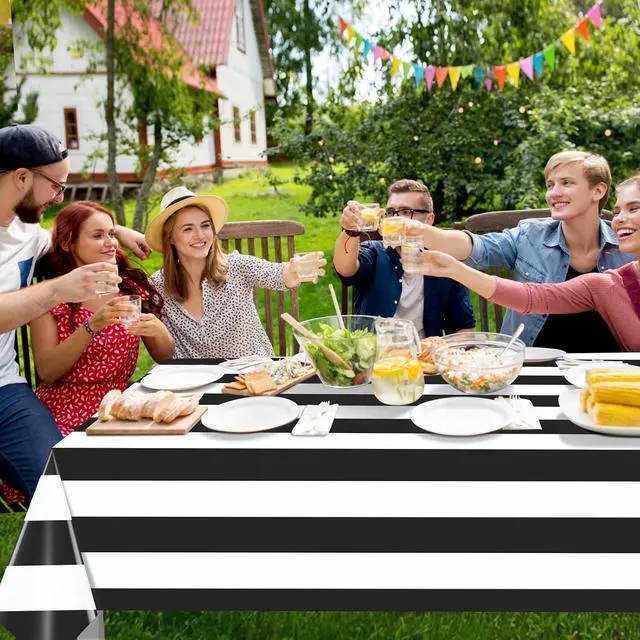 Alt view image 6 of 7 - Hallswl 3pcs 54x108Inch Black and White Horizontal Striped Table Cloth | Classic Black Stripe Tablecloths Disposable Plastic Stripe Waterproof Table Covers for Picnic Halloween Ghost Party