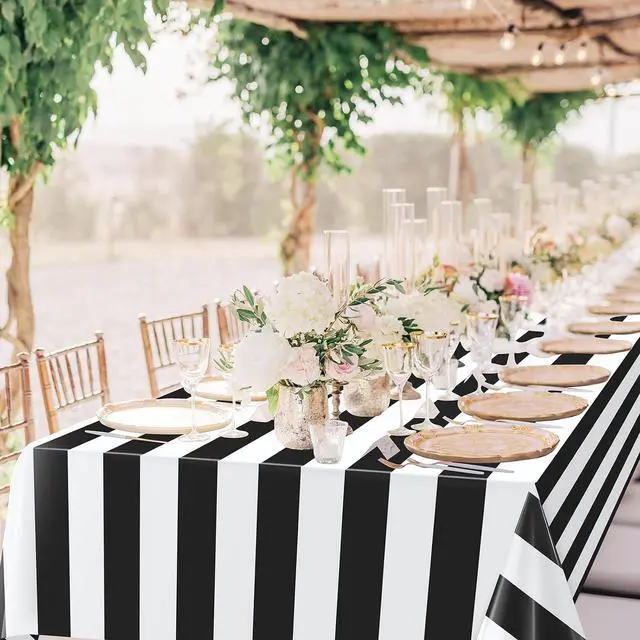 Alt view image 7 of 7 - Hallswl 3pcs 54x108Inch Black and White Horizontal Striped Table Cloth | Classic Black Stripe Tablecloths Disposable Plastic Stripe Waterproof Table Covers for Picnic Halloween Ghost Party