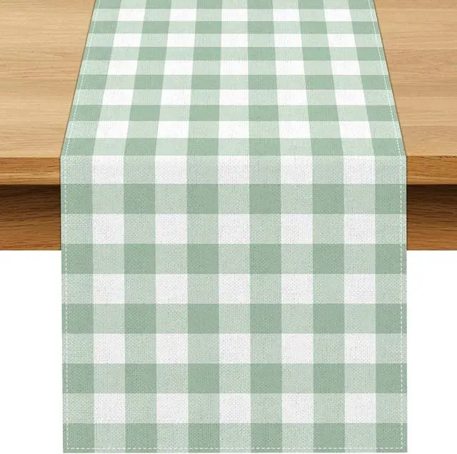 Main image of Sage Green Gingham Party Table Runner Green and White Checkered Plaid Decorations for Birthday Bridal Baby Shower Home Dining Kitchen Island Decor (13" x 72")