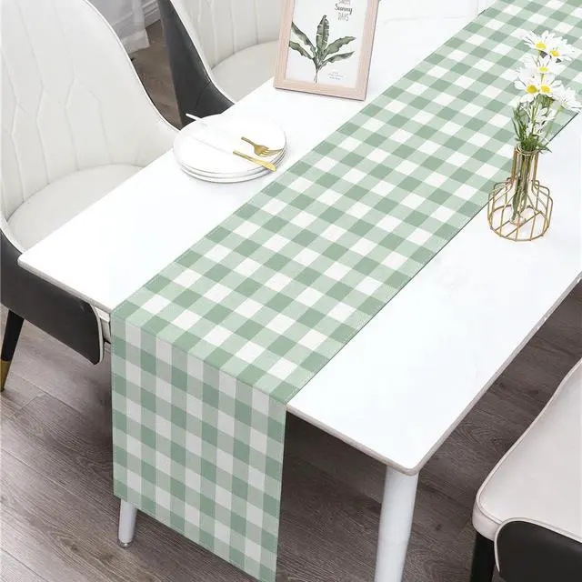 Alt view image 2 of 6 - Sage Green Gingham Party Table Runner Green and White Checkered Plaid Decorations for Birthday Bridal Baby Shower Home Dining Kitchen Island Decor (13" x 72")