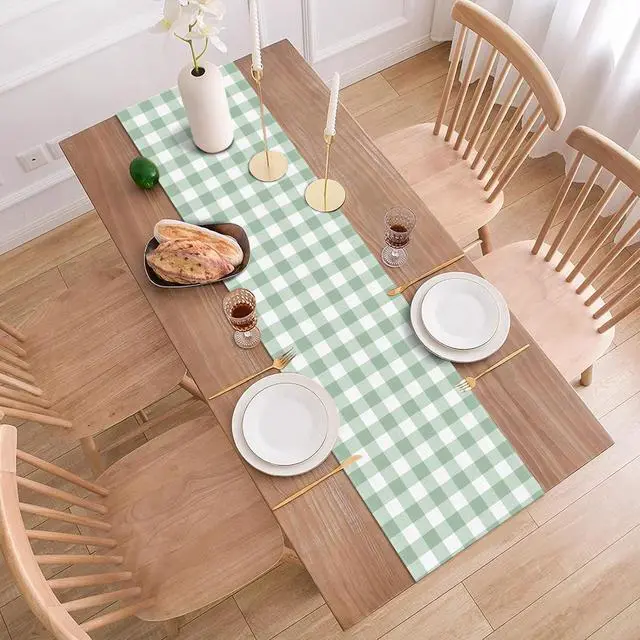 Alt view image 4 of 6 - Sage Green Gingham Party Table Runner Green and White Checkered Plaid Decorations for Birthday Bridal Baby Shower Home Dining Kitchen Island Decor (13" x 72")