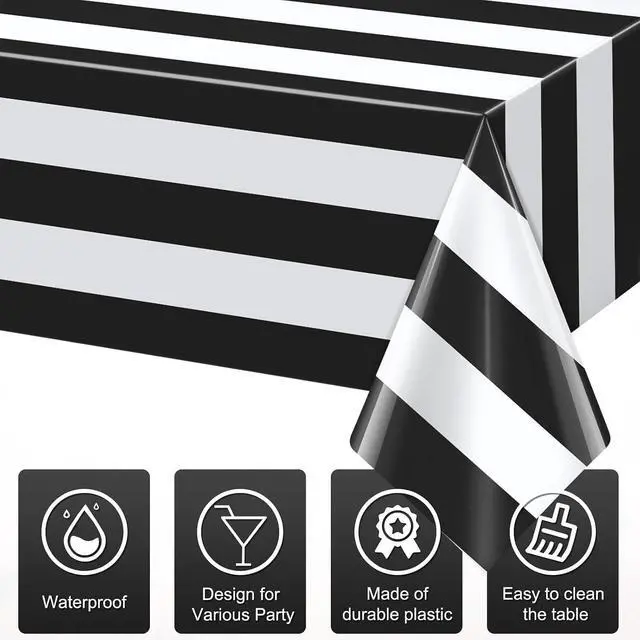 Alt view image 3 of 7 - Hallswl 3pcs 54x108Inch Black and White Horizontal Striped Table Cloth | Classic Black Stripe Tablecloths Disposable Plastic Stripe Waterproof Table Covers for Picnic Halloween Ghost Party
