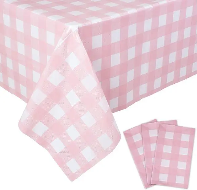 Main image of Kesfey 3 Packs Pink Gingham Tablecloth Pink and White Checkered Tablecloths 54 x 108 Inches Disposable Plastic Gingham Tablecovers Waterproof Rectangle Picnic Table Covers for Birthday Party Supplies
