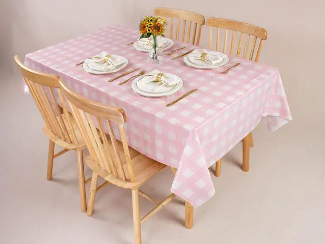 Alt view image 6 of 7 - Kesfey 3 Packs Pink Gingham Tablecloth Pink and White Checkered Tablecloths 54 x 108 Inches Disposable Plastic Gingham Tablecovers Waterproof Rectangle Picnic Table Covers for Birthday Party Supplies