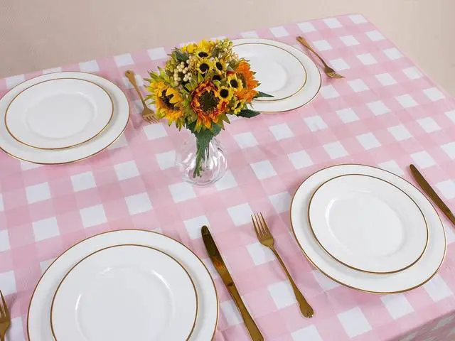 Alt view image 7 of 7 - Kesfey 3 Packs Pink Gingham Tablecloth Pink and White Checkered Tablecloths 54 x 108 Inches Disposable Plastic Gingham Tablecovers Waterproof Rectangle Picnic Table Covers for Birthday Party Supplies