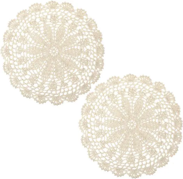 Main image of Crochet Doilies for Tables, 2 Pcs Beige Round Doilies for Furniture Vintage Handmade Lace Placemats Corrugated Edge Knitted Tablecloth for Home Kitchen Dining Room Wedding Party Decor