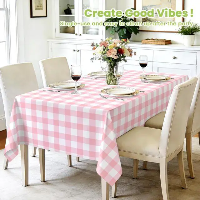 Alt view image 2 of 7 - Mulbozy 4 Pcs Pink Gingham Tablecloth 54 × 108 Inches Pink and White Checkered Table Cloth Disposable Plastic Waterproof Tablecover for Outdoor Picnic, Birthday Party, Holiday Dinner