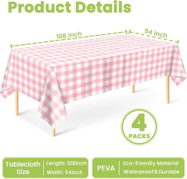 Alt view image 3 of 7 - Mulbozy 4 Pcs Pink Gingham Tablecloth 54 × 108 Inches Pink and White Checkered Table Cloth Disposable Plastic Waterproof Tablecover for Outdoor Picnic, Birthday Party, Holiday Dinner