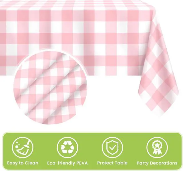 Alt view image 4 of 7 - Mulbozy 4 Pcs Pink Gingham Tablecloth 54 × 108 Inches Pink and White Checkered Table Cloth Disposable Plastic Waterproof Tablecover for Outdoor Picnic, Birthday Party, Holiday Dinner