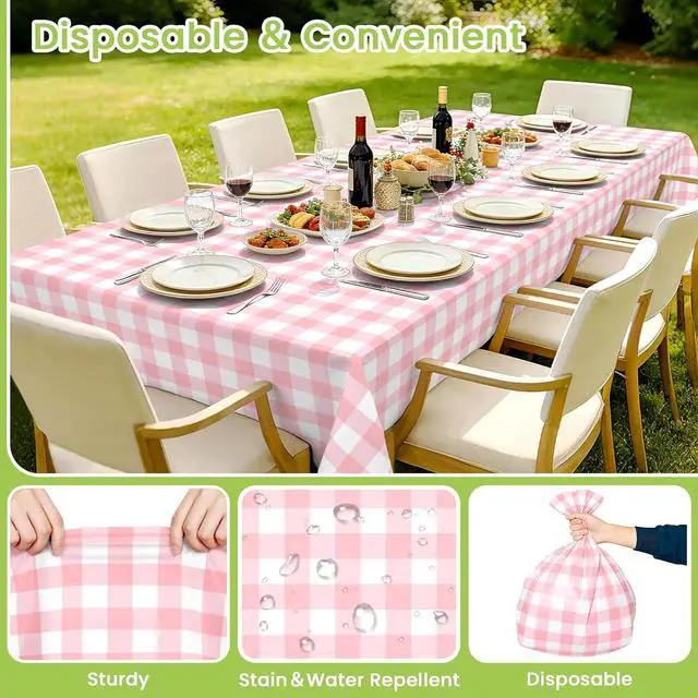Alt view image 5 of 7 - Mulbozy 4 Pcs Pink Gingham Tablecloth 54 × 108 Inches Pink and White Checkered Table Cloth Disposable Plastic Waterproof Tablecover for Outdoor Picnic, Birthday Party, Holiday Dinner