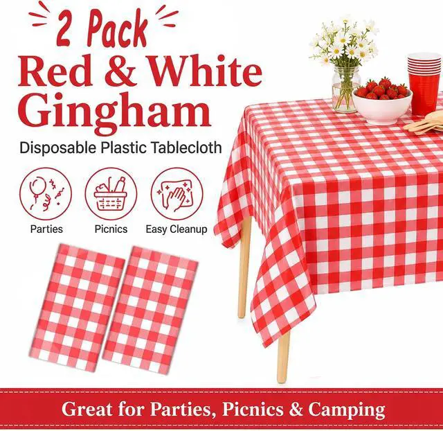 Alt view image 2 of 7 - 2 Packs Red Gingham Picnic Tablecloths 54 * 108 Inch Red and White Checkered Table Cloths Disposable Red Checke Rectangular Table Plastic Tablecloths for Party