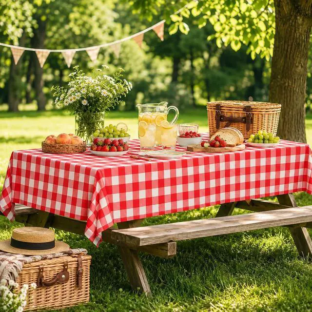 Alt view image 5 of 7 - 2 Packs Red Gingham Picnic Tablecloths 54 * 108 Inch Red and White Checkered Table Cloths Disposable Red Checke Rectangular Table Plastic Tablecloths for Party