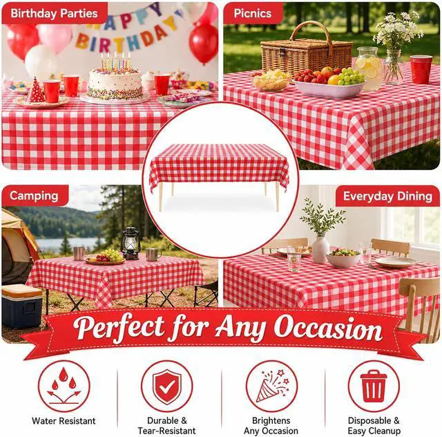 Alt view image 7 of 7 - 2 Packs Red Gingham Picnic Tablecloths 54 * 108 Inch Red and White Checkered Table Cloths Disposable Red Checke Rectangular Table Plastic Tablecloths for Party