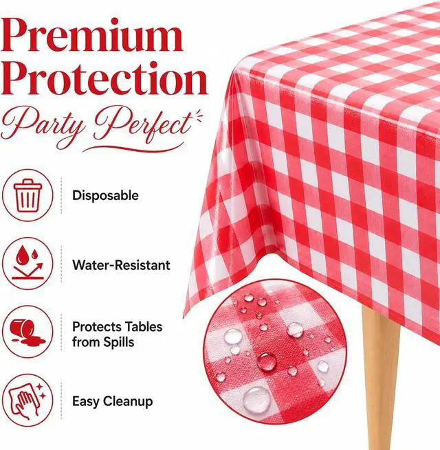 Alt view image 4 of 7 - 2 Packs Red Gingham Picnic Tablecloths 54 * 108 Inch Red and White Checkered Table Cloths Disposable Red Checke Rectangular Table Plastic Tablecloths for Party