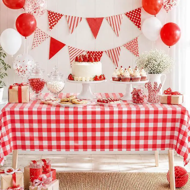 Alt view image 6 of 7 - 2 Packs Red Gingham Picnic Tablecloths 54 * 108 Inch Red and White Checkered Table Cloths Disposable Red Checke Rectangular Table Plastic Tablecloths for Party