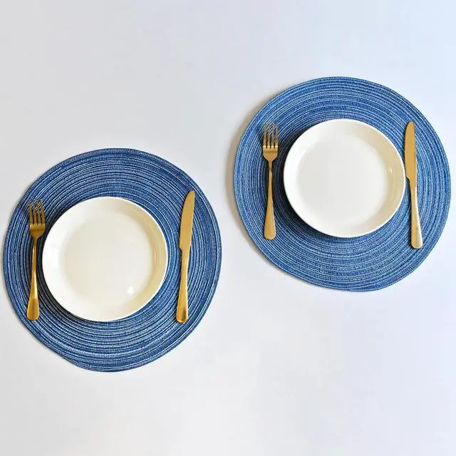 Alt view image 2 of 5 - Round Braided Placemats Polyester Cotton 15-inch Round Table Mats for Kitchen Dining Table Non-Slip Table Mats (2, Blue)