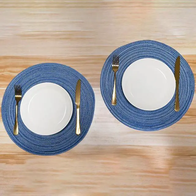 Alt view image 4 of 5 - Round Braided Placemats Polyester Cotton 15-inch Round Table Mats for Kitchen Dining Table Non-Slip Table Mats (2, Blue)