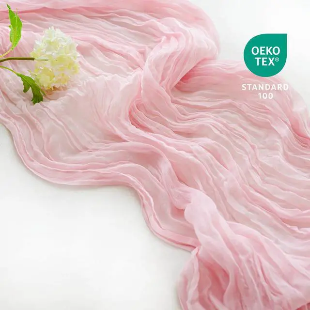 Alt view image 2 of 7 - Sioloc Light Pink Cheesecloth Table Runner 120 x 35, Soft Gauze Boho Wedding Valentines Table Decor for 10ft Table, Romantic Party, Baby Shower, Bridal Shower, Home & Event Decor
