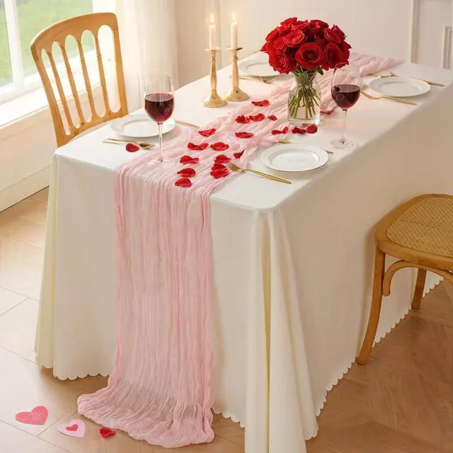 Alt view image 3 of 7 - Sioloc Light Pink Cheesecloth Table Runner 120 x 35, Soft Gauze Boho Wedding Valentines Table Decor for 10ft Table, Romantic Party, Baby Shower, Bridal Shower, Home & Event Decor