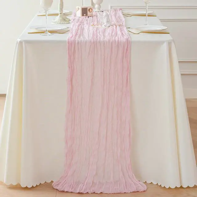 Alt view image 4 of 7 - Sioloc Light Pink Cheesecloth Table Runner 120 x 35, Soft Gauze Boho Wedding Valentines Table Decor for 10ft Table, Romantic Party, Baby Shower, Bridal Shower, Home & Event Decor